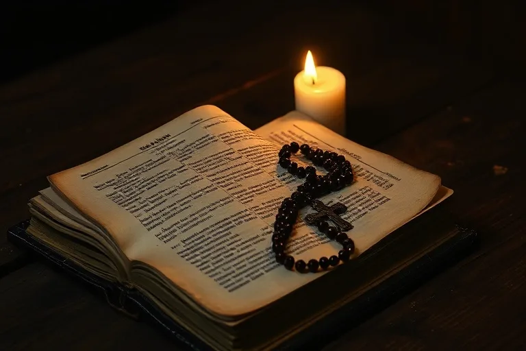 Una Biblia antigua y desgastada abierta sobre una mesa de madera, con una vela parpadeante y un rosario roto, simbolizando la disminución de la práctica espiritual.