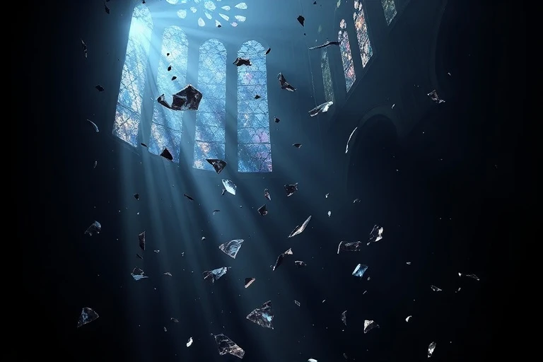 Ilustración digital 3D de un mosaico de vitral roto, con piezas flotando en un vacío oscuro, cada una con una luz tenue, simbolizando la erosión de creencias y la dispersión de la unidad espiritual.