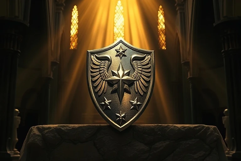 Escudo antiguo con símbolos celestiales sobre un altar de piedra, bañado por luz divina, representando protección y fe.