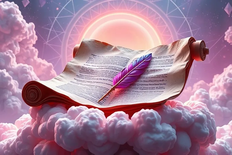 Ilustración digital 3D de un pergamino antiguo abierto con texto bíblico iluminado, sobre un pedestal de nubes arremolinadas. Una pluma estilizada e iridiscente yace sobre el pergamino. Patrones geométricos abstractos emergen de una luz divina suave en el fondo.