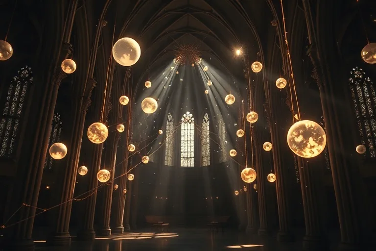 Fotografía de arte conceptual que muestra un delicado equilibrio de luz y sombra formando patrones abstractos. Esferas de diversos tamaños, representando cuerpos celestes, están suspendidas armoniosamente, conectadas por sutiles hilos dorados. Una energía etérea fluye a través de la composición.