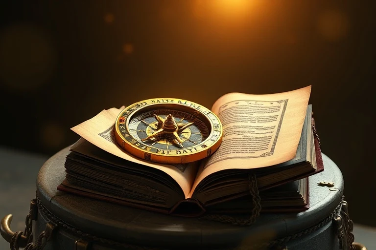 Ilustración 3D de un compás celestial sobre un libro antiguo, simbolizando guía divina y conocimiento espiritual