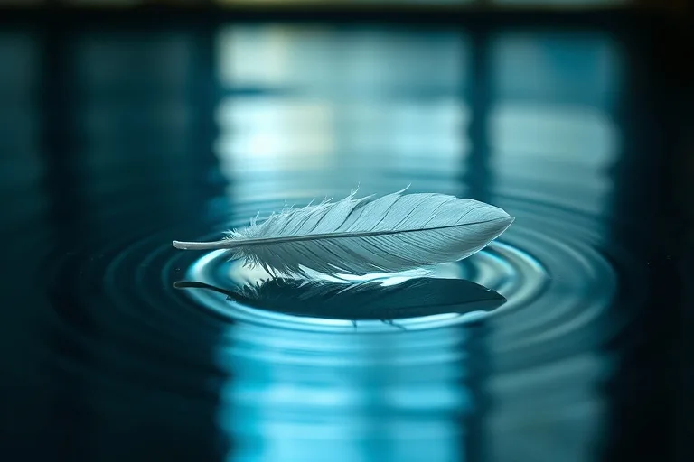Fotografía cinematográfica de una pluma blanca flotando sobre agua, simbolizando un mensaje celestial o toque divino