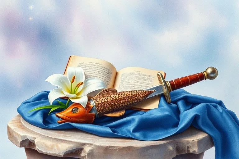 Pintura de acuarela de un lirio, un pez de madera tallado y el pomo de una espada, sobre tela azul, con un fondo celestial difuminado.