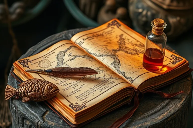 Fotografía macro de un antiguo diario de viaje de cuero, con un mapa dibujado a mano y una pluma, junto a un pez de madera tallado y un frasco con líquido dorado.