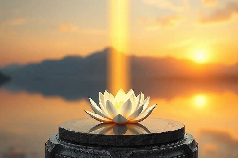Arte conceptual de un lirio flotando en agua tranquila, con una luz dorada descendiendo, sobre un fondo de montañas borrosas al atardecer.
