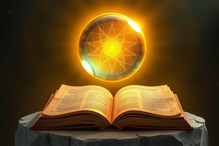Ilustración digital 3D de una esfera brillante que representa una familia, rodeada de luz protectora, flotando sobre un libro abierto con patrones etéreos.