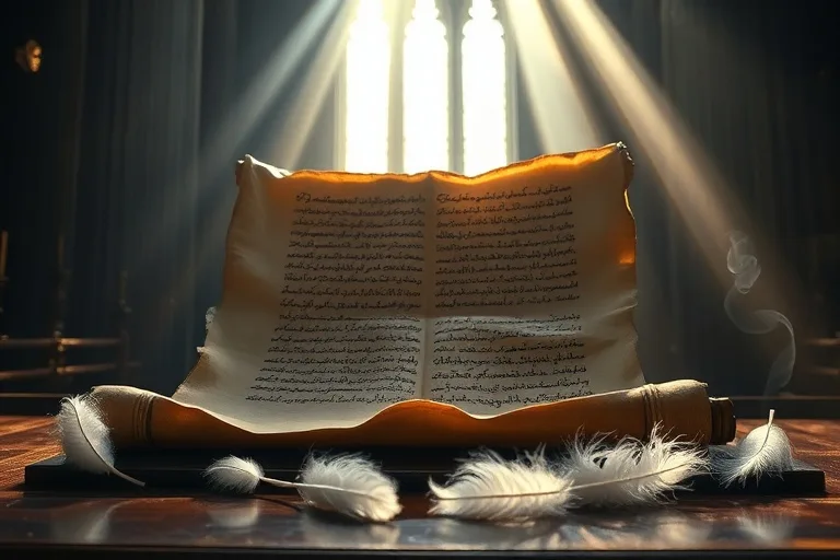 Imagen de un pergamino antiguo con caligrafía intrincada sobre un altar de madera, iluminado por luz celestial, rodeado de plumas y incienso.