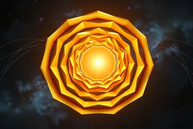 Arte conceptual abstracto de anillos dorados concéntricos que emanan de un punto central, simbolizando el orden divino y el plan celestial, sobre un fondo cósmico.