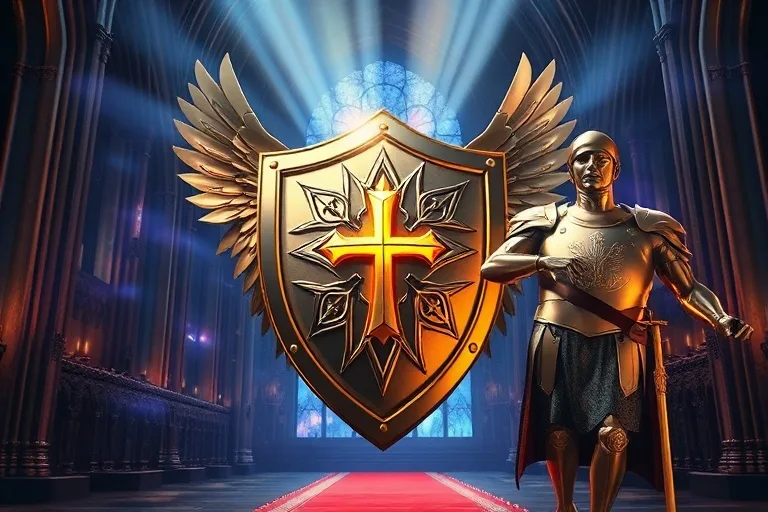 Escudo de fe con cruz, cinturón de verdad y coraza de justicia en ilustración 3D