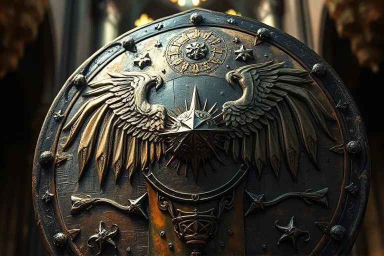 Escudo antiguo con grabados de símbolos celestiales, como alas o estrellas, iluminado por una luz suave, representando la protección divina.