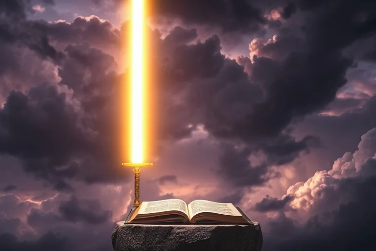 Espada de luz etérea que atraviesa nubes oscuras y turbulentas, simbolizando la victoria de la luz sobre la oscuridad en la batalla espiritual.