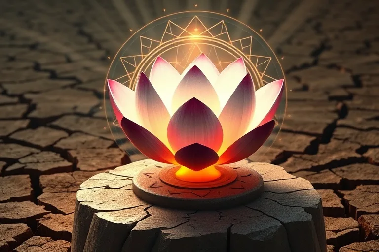 Ilustración 3D de una flor de loto brillante emergiendo de tierra árida, rodeada de patrones geométricos que simbolizan paz y crecimiento.