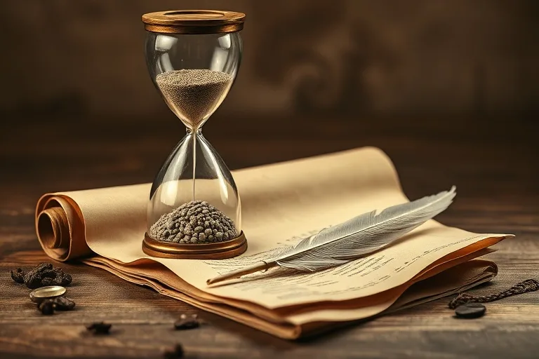 Grabado antiguo de un reloj de arena con arena fluyendo, junto a una pluma de ave y un pergamino, con detalles intrincados y tonos sepia.