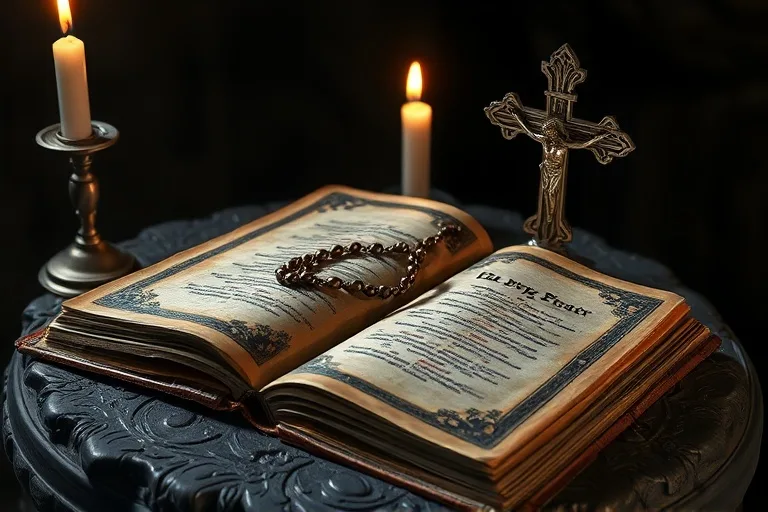 Un antiguo libro de oraciones de cuero, un crucifijo de plata y un rosario de cuentas, iluminados por la suave luz de una vela, sobre una mesa de madera rústica.