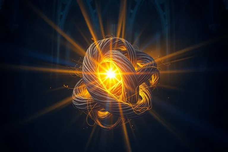 Hebras de luz y sombra entrelazadas en un nudo complejo, con colores que van del azul oscuro al oro brillante, simbolizando el discernimiento espiritual.