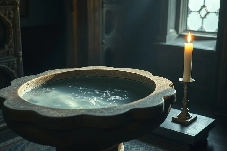 Fotografía cinematográfica de naturaleza muerta: Una pila bautismal vintage de piedra pulida, llena de agua prístina, que refleja un suave resplandor de una fuente invisible. A su lado, una única vela blanca elegantemente encendida y un pequeño y delicado frasco de aceite de unción. El escenario es un espacio tranquilo y sagrado con suaves sombras. Se enfatiza la textura, la luz y los objetos simbólicos.