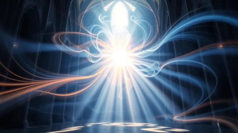 Arte conceptual abstracto: Patrones arremolinados de luz y color, predominantemente azules, blancos y dorados, convergiendo y expandiéndose desde un punto central, evocando una sensación de renacimiento espiritual y transformación. La composición sugiere crecimiento, pureza y energía divina, con líneas fluidas y gradientes armoniosos.