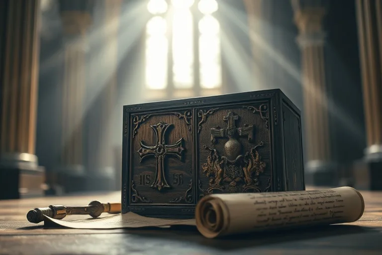 Relicario antiguo de madera con símbolos religiosos, pergamino con escritura latina, luz dramática.
