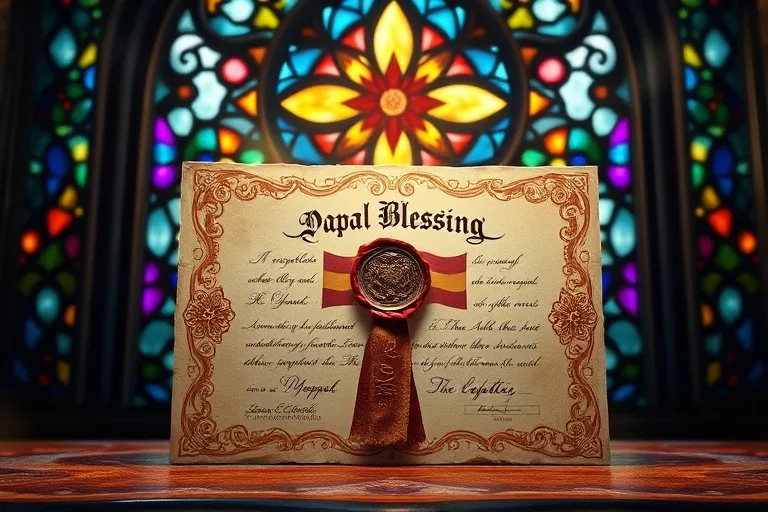 Ilustración 3D de un certificado de bendición papal con aura dorada, caligrafía intrincada y sello de cera, sobre un fondo de vidrieras.