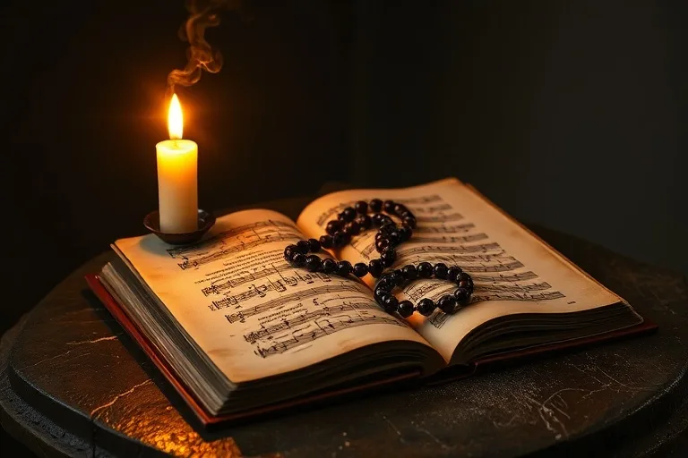Libro de canto gregoriano abierto con vela y rosario
