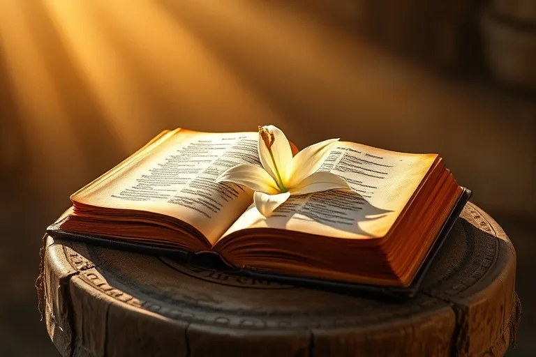Una Biblia antigua abierta sobre un altar rústico de madera, bañada en un resplandor celestial, con un lirio blanco sobre sus páginas, simbolizando la pureza y la nueva vida.