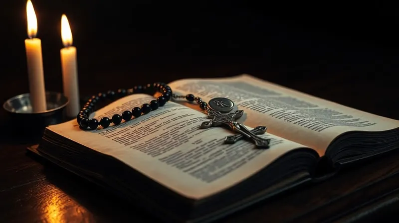 Fotografía cinematográfica de una Biblia antigua abierta con un rosario y una medalla de San Benito sobre un altar de madera oscura, con una vela encendida, evocando una atmósfera sagrada y de combate espiritual.