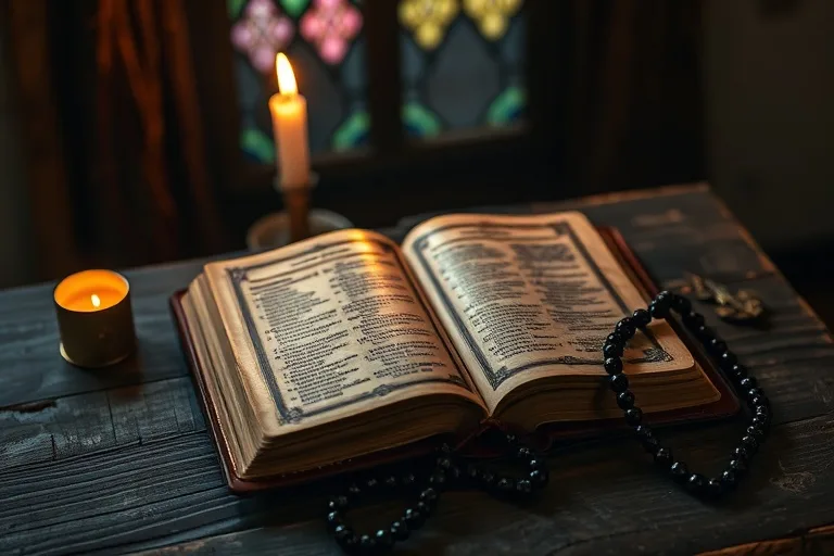 Fotografía de bodegón cinematográfico de un antiguo libro de oraciones de cuero abierto en un altar rústico de madera, iluminado por la suave luz de una vela. Un rosario de cuentas oscuras cuelga a un lado, evocando un espacio sagrado y contemplativo.