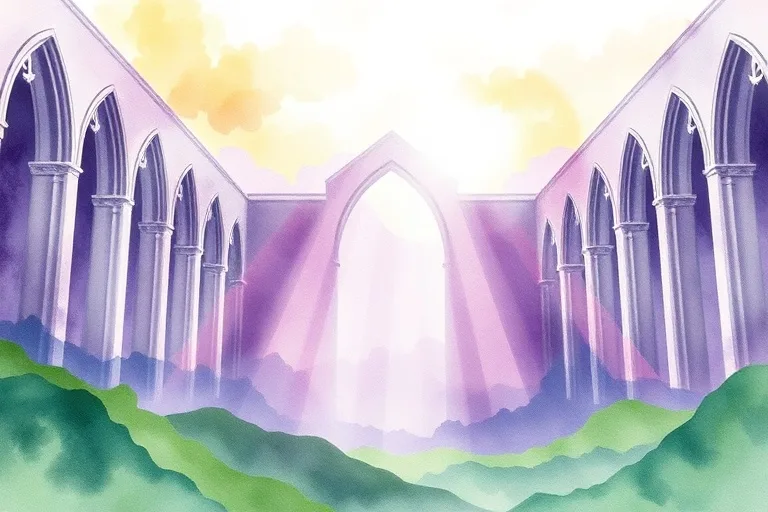 Pintura de acuarela abstracta y serena de un puente de luz que conecta tres reinos de colores suaves: un paisaje terrestre verde vibrante, un espacio de transición púrpura brumoso y un cielo celestial dorado lleno de nubes. Simboliza la interconexión espiritual y el viaje divino.