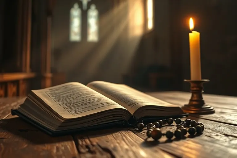 Fotografía cinematográfica de un libro de oración abierto y un rosario sobre una mesa de madera, iluminados por una vela, evocando un ambiente de meditación y confianza.