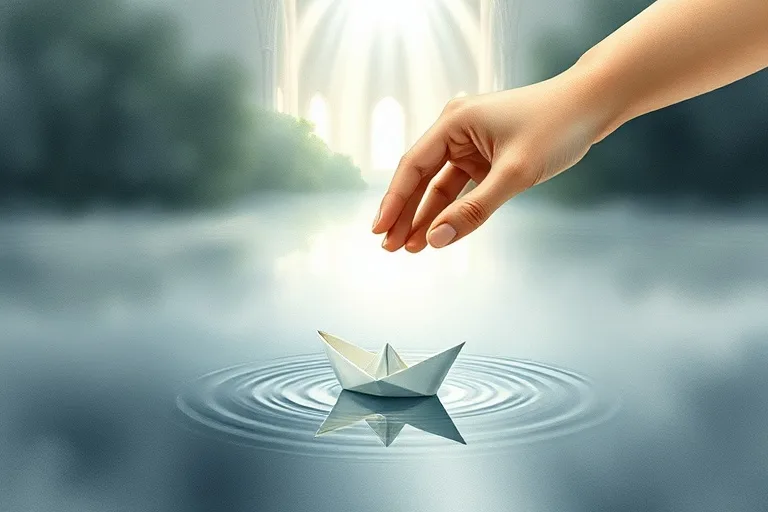 Ilustración acuarela de una mano soltando un barco de papel en un lago tranquilo bajo un cielo nublado, simbolizando la entrega y la confianza en el flujo divino.