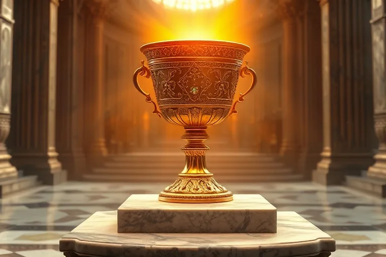 Renderizado 3D de un cáliz desbordante de luz dorada, simbolizando la gracia divina y el sacrificio redentor.