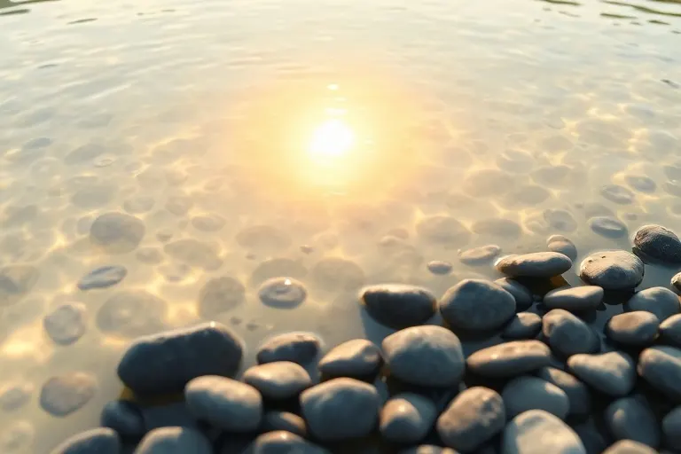 Arte conceptual de una piscina de agua tranquila que refleja una luz radiante, rodeada de guijarros lisos, simbolizando la quietud interior.
