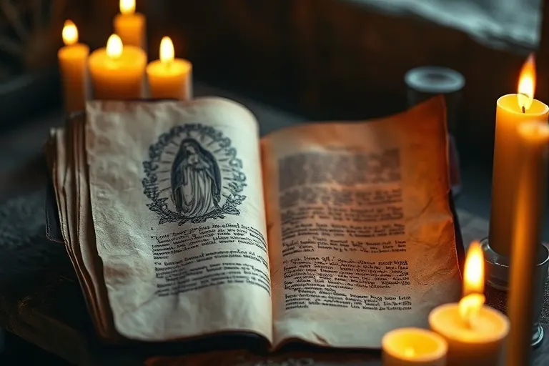 Fotografía cinematográfica de un texto teológico antiguo abierto, con un dibujo de la Virgen, sobre un altar de madera, iluminado por velas. Detalle macro que captura la textura del papel y la luz suave.