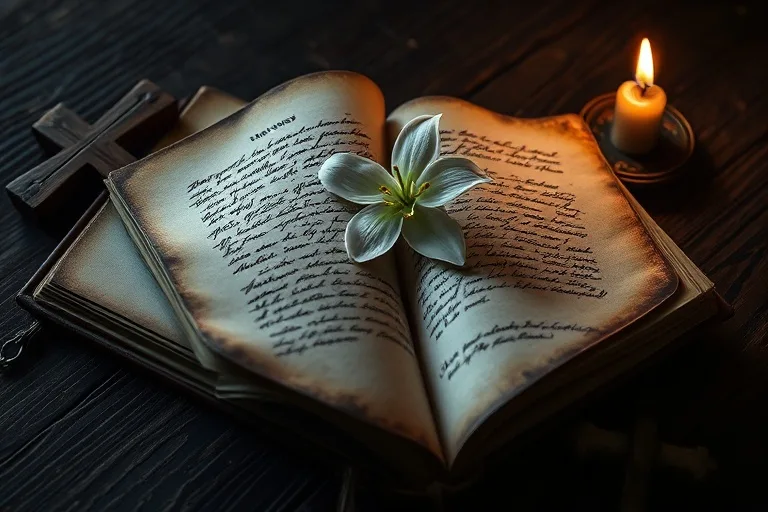 Fotografía macro de un diario antiguo de cuero abierto con escritura a mano, iluminado por una vela parpadeante, junto a un crucifijo de madera y un lirio blanco. Evoca revelación y contemplación.