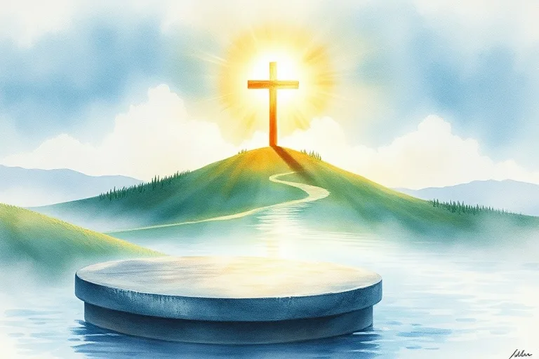 Pintura acuarela de un sendero de luz que asciende hacia una cruz radiante en una colina, rodeado por un río sereno. Tonos suaves de azul, blanco y oro evocan paz y esperanza. Sin figuras humanas.