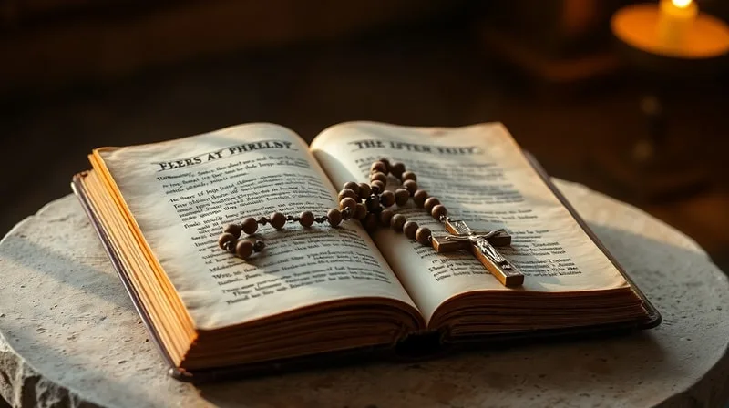 Antiguo libro de oraciones con un rosario