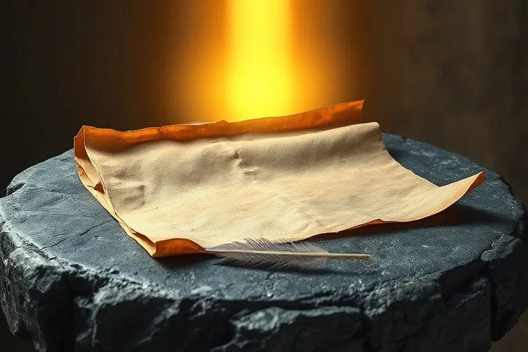 Un pergamino antiguo y desgastado, parcialmente desenrollado, descansa sobre un altar de piedra. Una pluma de ave estilizada yace a su lado. Una luz etérea y suave emana desde detrás del pergamino, sugiriendo guía divina y sabiduría ancestral. La escena se ilumina con una luz difusa, resaltando la textura y la profundidad.