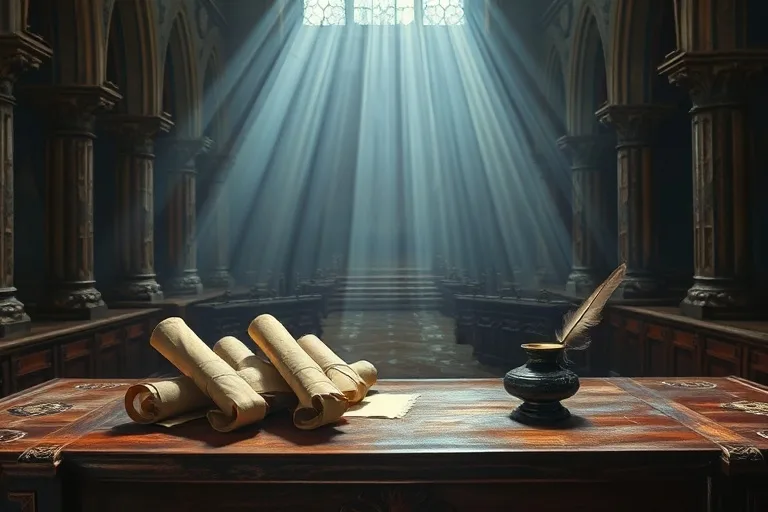 Pintura al óleo de un escritorio antiguo con pergaminos sellados y una pluma, simbolizando la administración de decretos divinos.