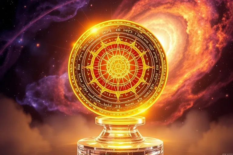 Ilustración digital 3D de una esfera de energía cósmica con anillos de luz y símbolos etéreos, flotando sobre un pedestal de cristal.