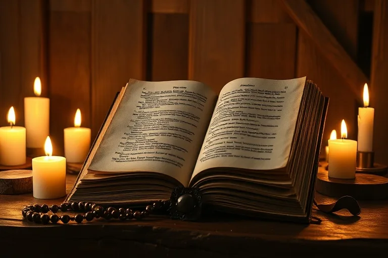 Fotografía de naturaleza muerta cinematográfica de un antiguo libro de oraciones de cuero abierto sobre un altar de madera, rodeado de luz suave de velas y un rosario de cuentas pulidas, un tenue resplandor emanando de las páginas, texturas ricas, sombras profundas, atmósfera devocional.