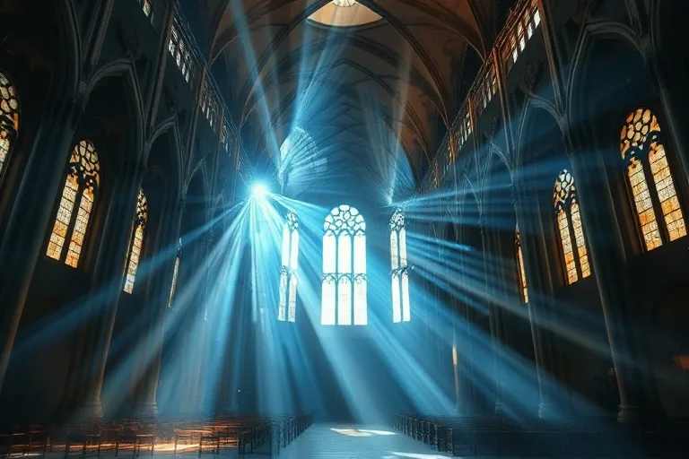 Arte conceptual abstracto con patrones arremolinados de luz y sombra que forman un intrincado tapiz cósmico, representando la gracia divina y la conexión espiritual, con vibrantes azules y oros, sutiles flujos de energía, etéreo y de otro mundo.