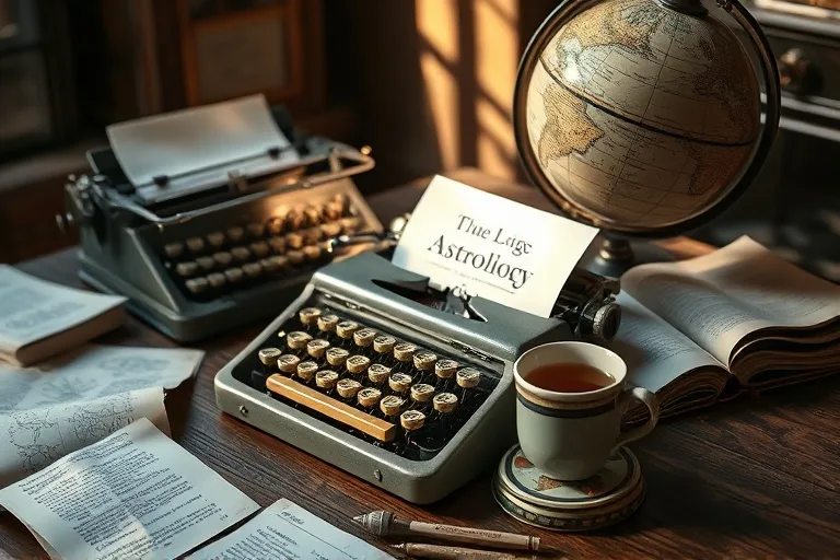 Still-life photograph of a vintage typewriter, handwritten notes, a cup of tea, and an antique globe on a wooden desk, evoking learning and communication.