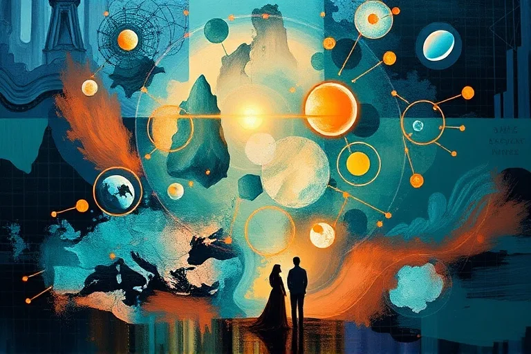 Abstract oil painting of fragmented maps, thought bubbles, and stylized figures in dialogue, representing local community and interactions.