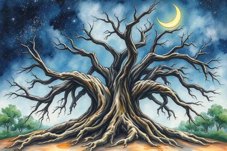 Oil painting of a gnarled, ancient tree's roots deeply embedded in rich, dark soil, extending far and wide. The roots are intertwined, suggesting ancestry and deep foundations. No leaves or trunk visible, focus on the intricate root system. Earthy tones.