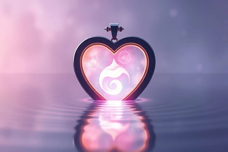 3D digital illustration of a stylized, glowing heart-shaped locket, open to reveal a swirling nebula of soft, pastel colors inside, representing inner emotional world and security. Floating gently in a calm, reflective pool of water. Abstract, ethereal, serene.