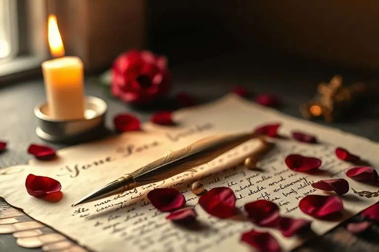 Cinematic still life of a vintage quill pen on a love letter with rose petals and candlelight, symbolizing romantic and creative endeavors.