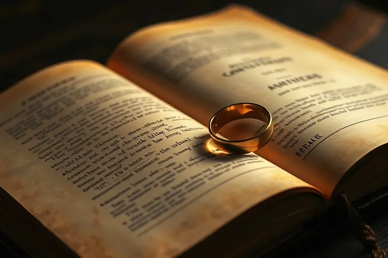 Cinematic still life photography of a vintage wedding band resting on an open, antique book about contracts and agreements. Soft, diffused lighting, rich textures, a sense of history and commitment. Focus on the objects, no human presence, no faces, no text.