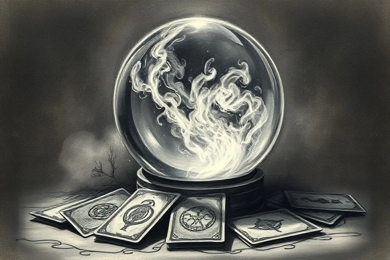 Cinematic still life of a crystal ball with swirling mist and old tarot cards, representing the occult and psychological depth.