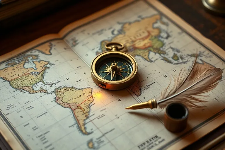 Vintage brass compass on an antique atlas with a quill pen, soft golden light.